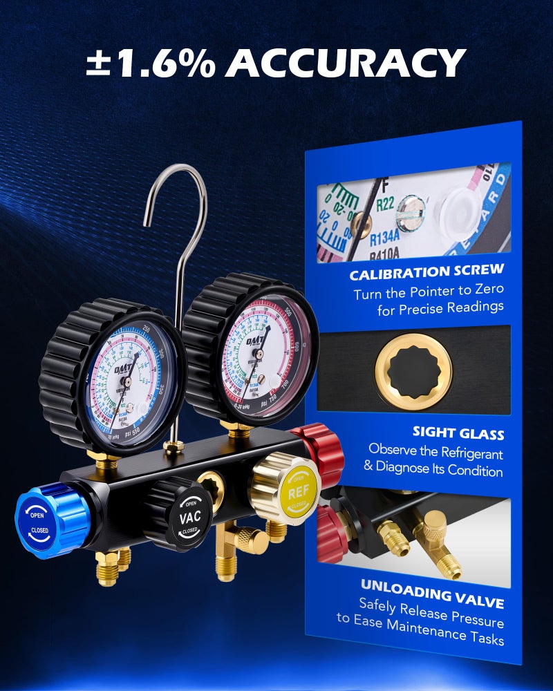 Orion Motor Tech 4 Way AC Gauge Set for R410a R22 R134a Refrigerant, 4 Valve Automotive AC Manifold with 5ft Hoses, R410a Adapters, Can Tap - Image 5